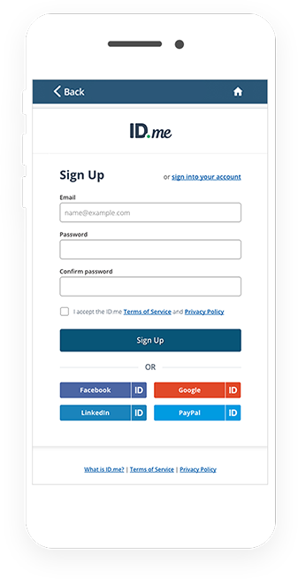 Screenshot: Create a new ID.me account or click Sign In to access your existing account.