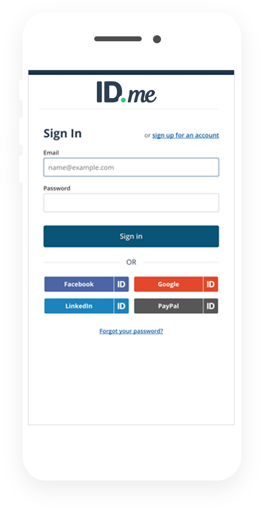 Create a new ID.me account or click 'Sign In' to access your existing account.